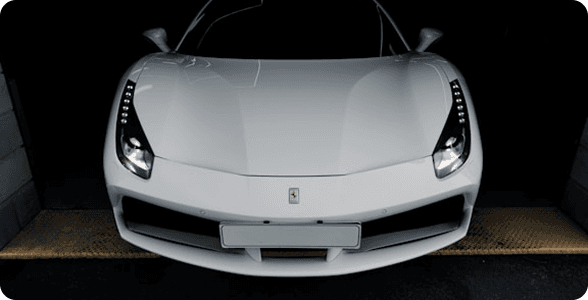 White Ferrari 488 GTB front view with LED daytime running lights